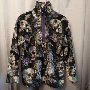 New Skull Butterfly Fleece 1/2 Zip up Sweatshirt women L Black Purple w/ Pockets